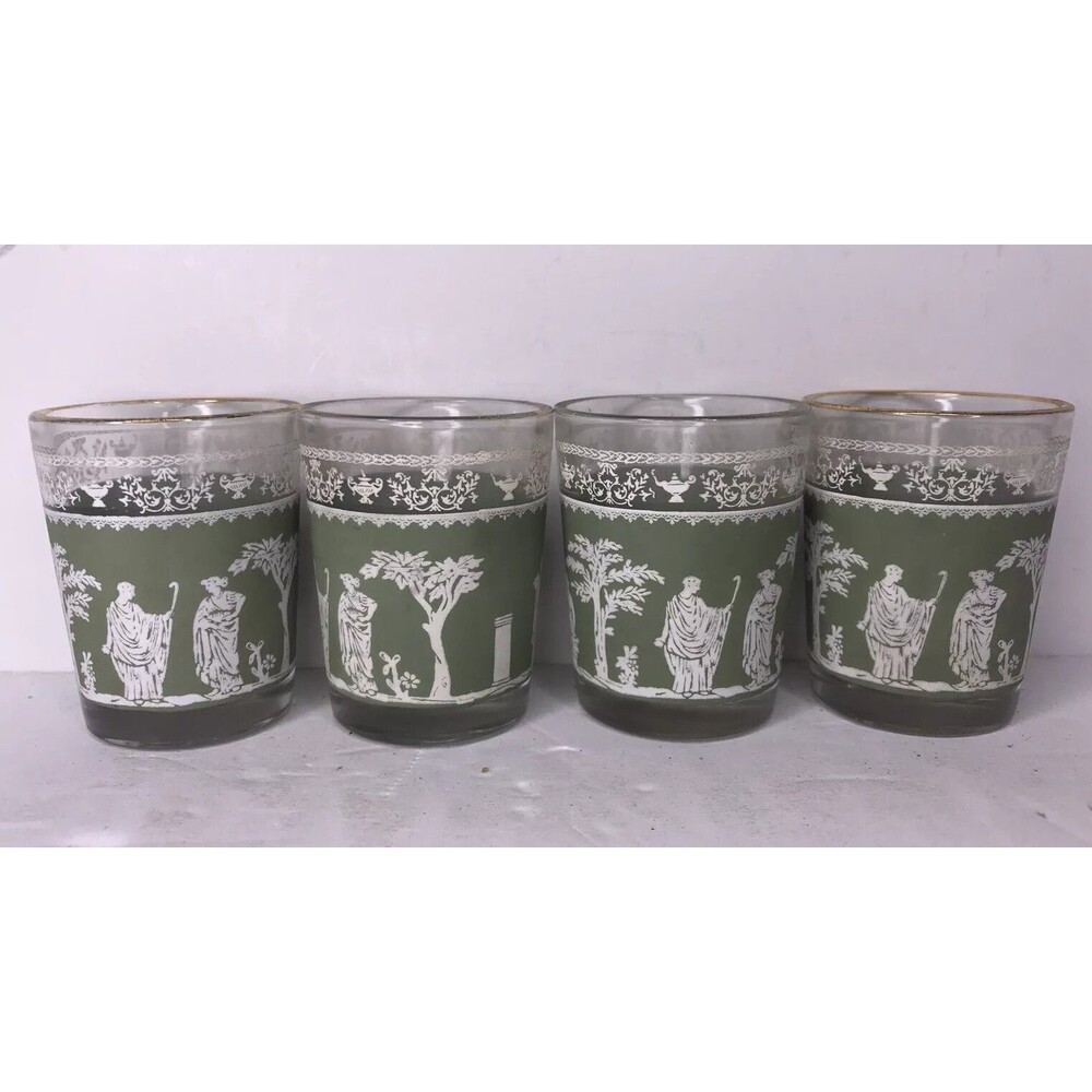 (4) Vintage Jeanette Glass Wedgewood Grecian Green Hellenic Shot Glasses 2 1/4”